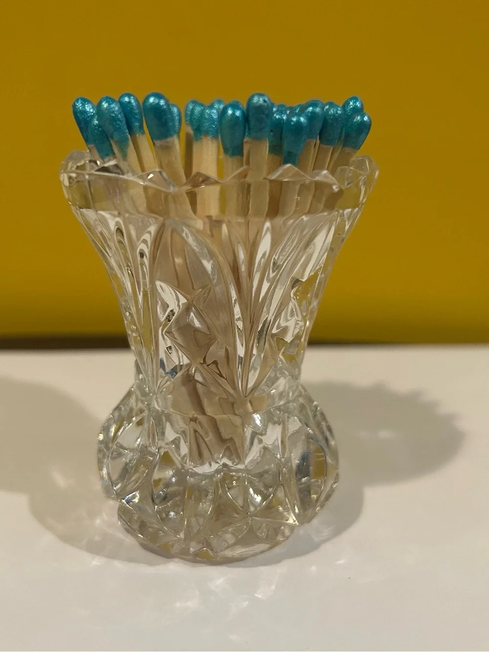 Vintage EAPG Clear Glass mini vase Match Holder with Teal Tipped Matches